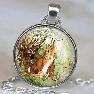 Silver PETER RABBIT Bunny Glass Cabochon Pendant Necklace